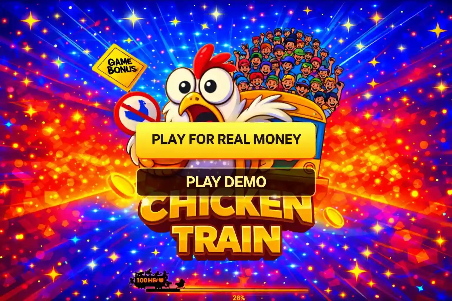 Play demo and real money buttons on vibrant chicken train screen