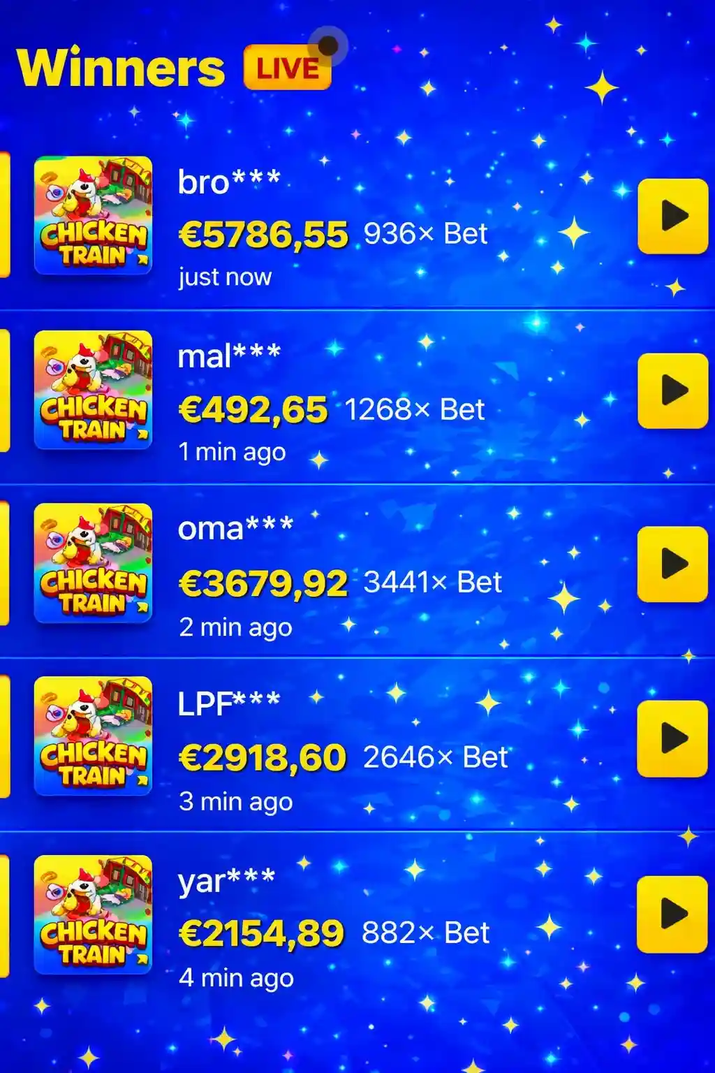 Recent winners list with usernames amounts and multipliers in game