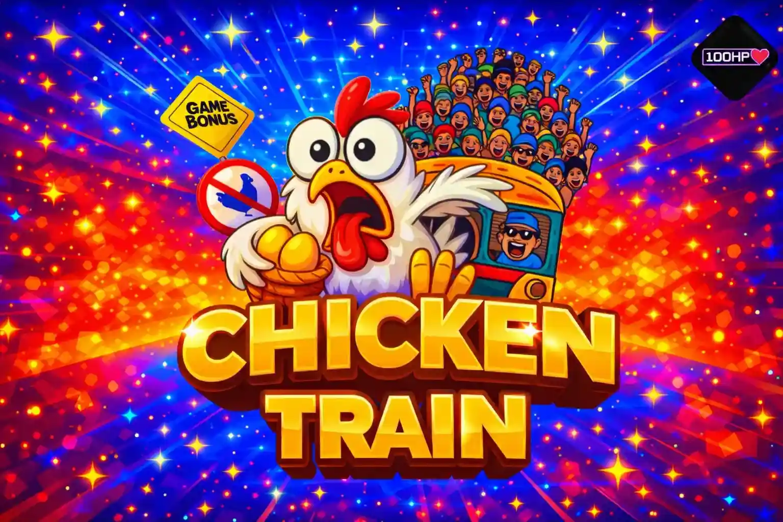 Colorful chicken train logo with cartoon character and train background
