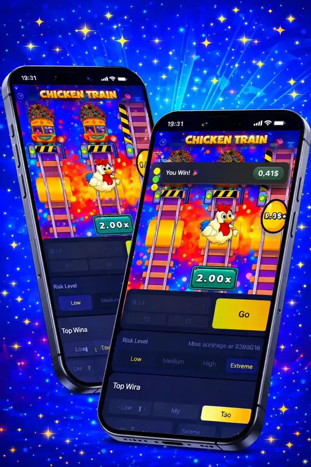 Chicken train game shown on smartphone screens with interface