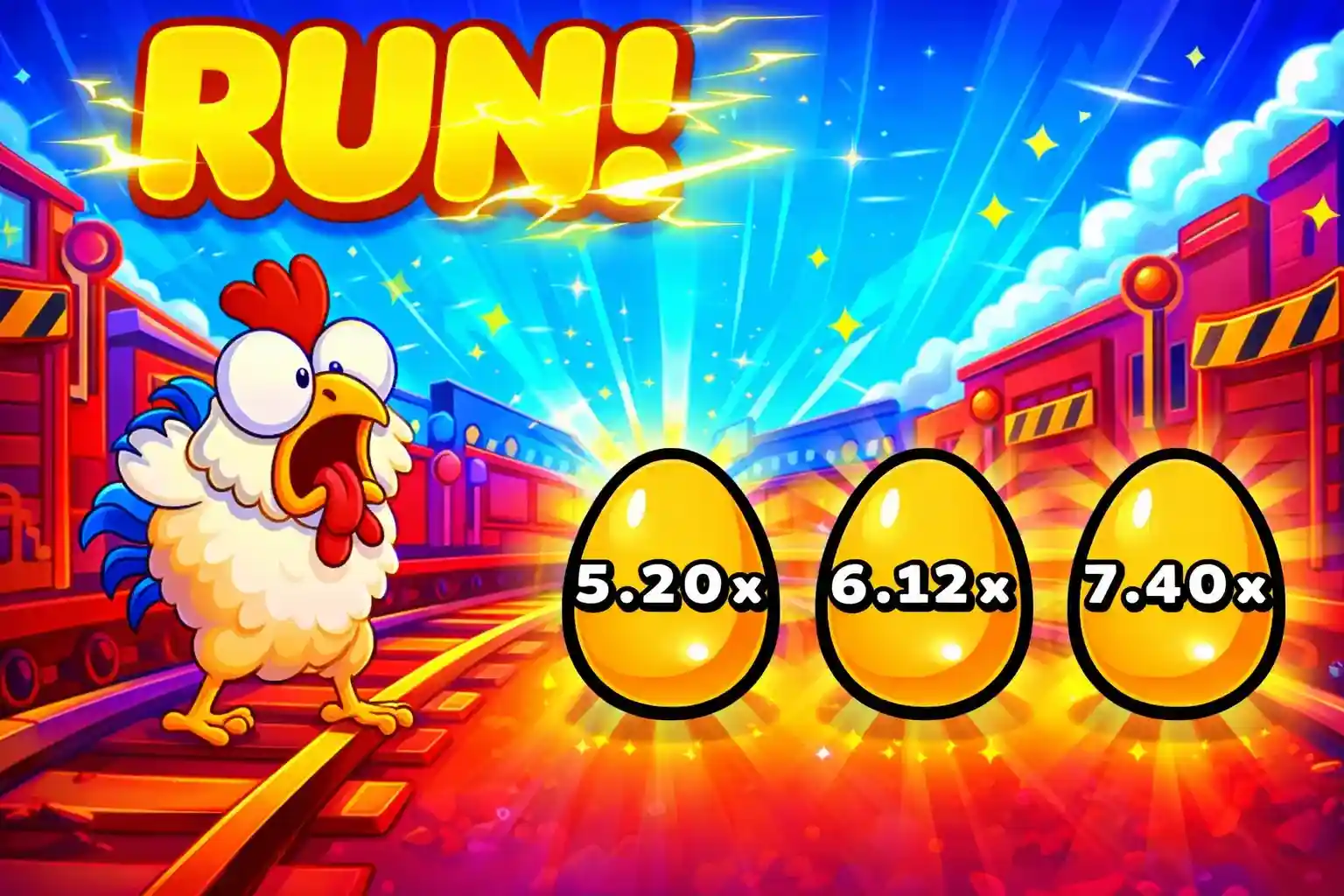 Chicken running on tracks with glowing multipliers and run text